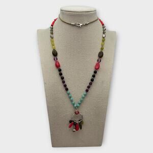 Colorful Multi-Stone Beaded Necklace with Charm Pendant Boho Vintage Style